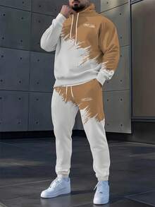 Set di felpa con cappuccio e pantaloni casual da uomo - Moda autunno/inverno, vestibilità comoda regular, stampa "LIMITLESS", bianco con scritte nere, abbigliamento casual | Felpa con cappuccio | Vestibilità comoda, felpa con cappuccio - Arancione - Visualizzare 1