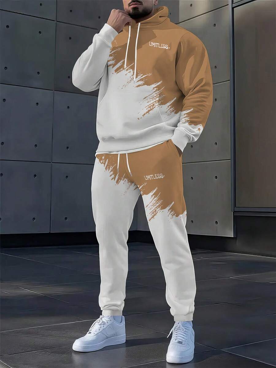 Set di felpa con cappuccio e pantaloni casual da uomo - Moda autunno/inverno, vestibilità comoda regular, stampa "LIMITLESS", bianco con scritte nere, abbigliamento casual | Felpa con cappuccio | Vestibilità comoda, felpa con cappuccio - Arancione - Visualizzare 1