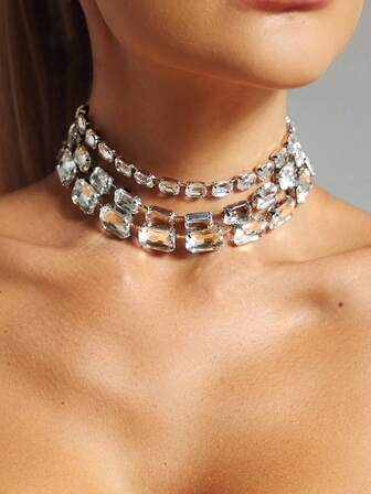 Square Big Crystal Necklace For Women, Sparkling Pendant Choker Necklace For Wedding Party