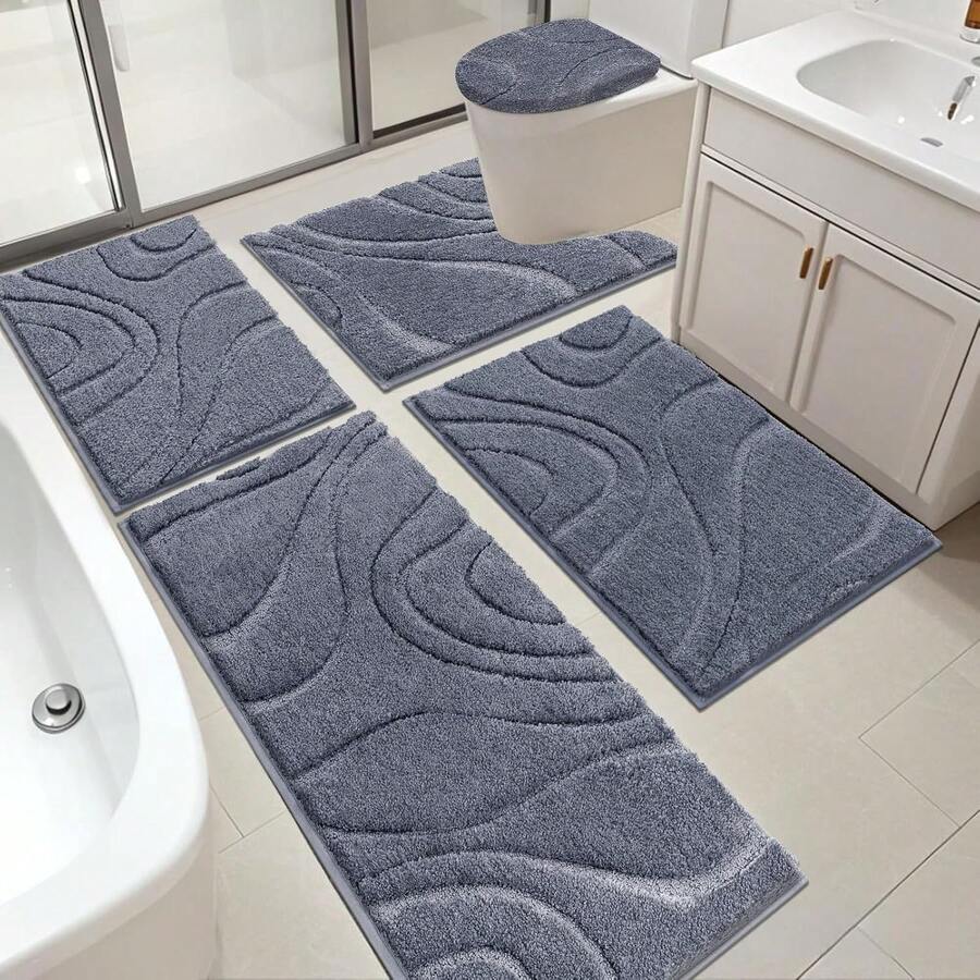 Pauwer Bathroom Rugs Sets 5 Piece With Lid Cover Bathroom Shower Rugs With U-Shaped Contour Toilet Mat Absorbent Microfiber Plush Bath Mats Non Slip Bath Rugs Machine Washable Bathroom Floor Mats - Dark Grey Line - 查看 1