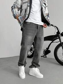 Men's Y2K Straight Leg Casual Washed Denim Jeans, Minimalist Black Jeans - Dark Grey - View 5