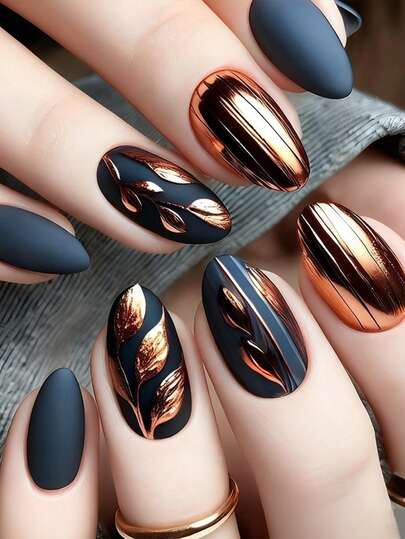 30 Pieces Of Gold-Plated Relief Textured Almond-Shaped Fake Nails. 3D Plant-Style Pressing Nails, Including One Piece Of Jelly Glue And One Nail File. Removable Fake Nail Sticker Sets For Festivals, Parties, Dates, And Daily Use.