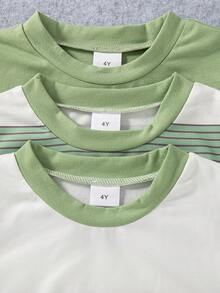 3pcs/Set Boys' Casual Everyday Wear Fashion Printed & Striped Pattern Round Neck Regular Fit Long Sleeve T-Shirts, Spring/Autumn - Green - View 3