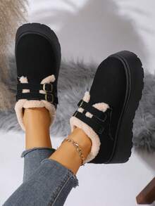 6cm Platform Women's Sheepskin Snow Boots, New Winter Buckle Fluffy Thick Warm Ankle Boots, Fashion Simple Warm Winter Shoes, Black Mary Jane Loafers - Black - View 4