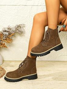 Women's Fashion Versatile Solid Color Western Style Lace-Up Metal Eyelet Casual PU Leather Flat Ankle Boots, Comfortable Warm Slip-On Plus Size Outdoor Short Boots - Brown - View 2