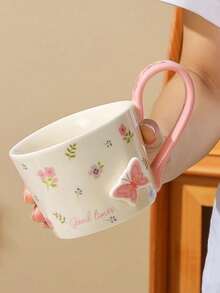 1 pieza Taza con relieve floral y mariposa, hermosa vajilla para el hogar, la oficina, la residencia estudiantil, el desayuno, el agua, regalo, cumpleaños, cafetería, amigos
