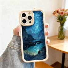 Cubierta de teléfono con borde negro diseño estrella galaxia paisaje nocturno con persona sentada en roca agua brillante cielo estrellado para uso diario y viajes - Burdeos - Ver 4