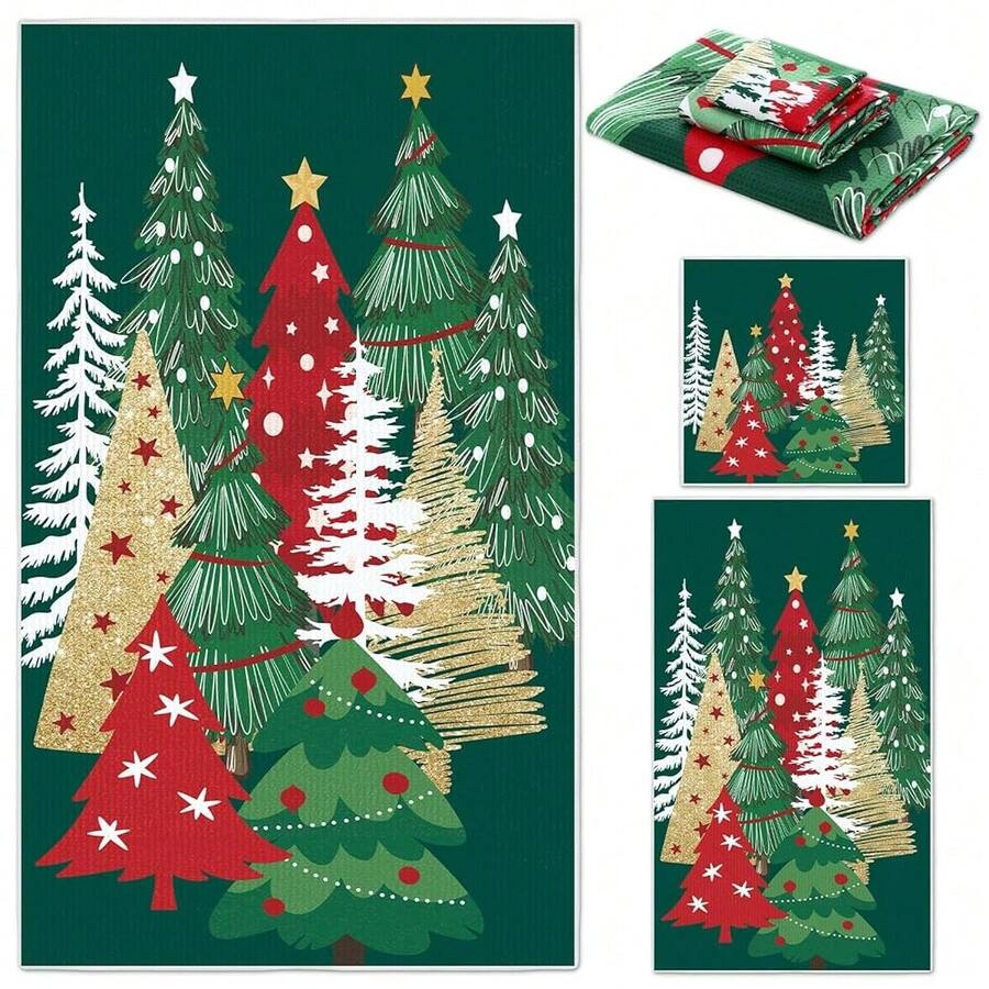 3 Pack Christmas Hand Towels Set - Green Xmas Trees Washcloth For Bathroom, Kitchen, Hotel, Beach, Gym, Spa{Inchcolor_nameinch:InchColorfulinch,Inchstyleinch:InchChristmasTreeinch} - 聖誕樹聖誕樹 - 查看 1