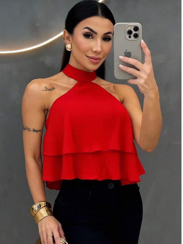 BLUSA TOP FEMININA DE ALÇAS COM GOLA ALTA COM CAMADAS DUPLA EM BABADOS BLUSA CROPPED FRENTE UNICA COM AMARRAÇAO NAS COSTA