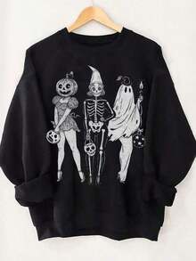 Ghost Girls Squad, Skeleton Ghost Pumpkin, Witch Autumn, Retro Halloween, Halloween Gift, Girls Sweatshirt, Nightmare Before Christmas, Halloween, Halloween Costumes For Women, Casual Crew Neck Long Sleeve High Quality Fleece Sweatshirt For Women- New Printed Sweatshirt - 黑色 - 查看 2