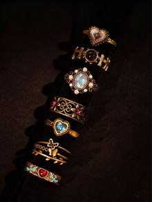 7pcs/Set Vintage Elegant Luxury Versatile Distressed Antique Gold Heart, Floral, Shaped Ring Set, Suitable For Daily Wear, Festivals, Parties