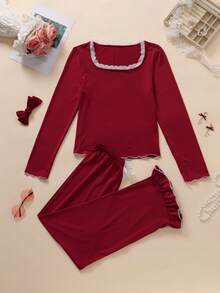 2 件套女童红色蕾丝拼布方领长袖松紧腰裤睡衣套装，春秋 - 紅色 - 查看 7