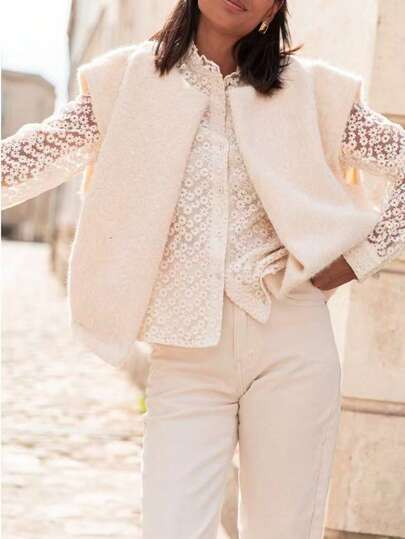 Gilet sans manches en mohair doux et unicolore, col rond, convenant pour les vacances en automne et en hiver