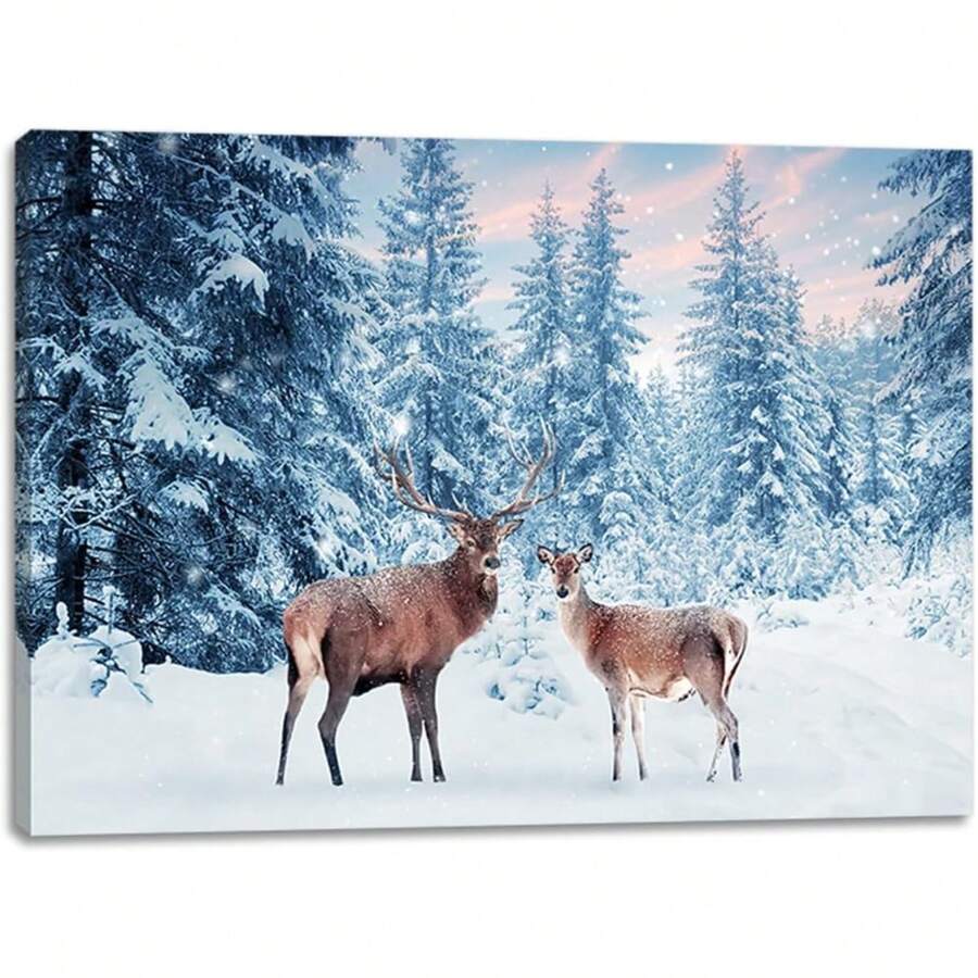 2025 Christmas Canvas Wall Art Print 12" X 16" With Timer | LED Lighted Design - Deer - View 1