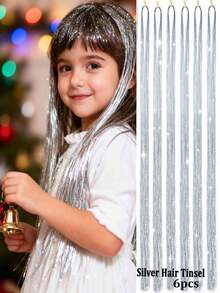 48" Holographic Hair Tinsel Kit Shining Silver Professional Sparkle Heat-Resistant Silk Hairpieces, Hair Accessories For Girls, Party Hair, Gifts For Girls (12PCS/6PCS)