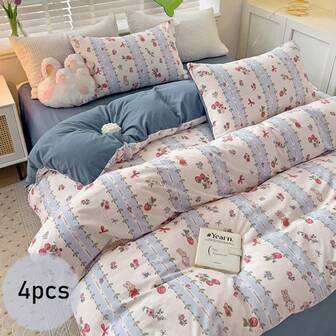 4 件套花卉床上用品套装，草莓、蝴蝶结、兔子印花羽绒被套，蓝白条纹，叶子印花羽绒被套，拉链开合，纯色床单，适合所有季节，柔软透气的卧室床上用品套装，可快速机洗，卡通清新花卉床上用品套装（包括 1 个羽绒被套、1 个床单、2 个枕套、无被子）