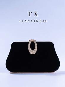 1pc Luxury Velvet Box-Shaped Party Handbag, Sequin Decor Evening Clutch Bag, Suitable For Banquet, Ball, Formal Attire Pairing, Formal Party Crossbody Bag, Tready Party Bag, Perfect For Party, Wedding, Prom, Gala/Banquet, Ideal Accessory For Women's Prom Dress, Prom Attire, Sequin Dress, Shiny Dress, Women's Elegant Dress. - Black - View 12