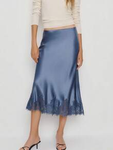 Women Satin Midi Skirt Silk Lace Trim Long Skirts Fashionable Elegant Solid Color A Line Flowy Silky Maxi Skirt For Under Dress Streetwear For Party Work Daily Wear - 藍色 - 查看 5