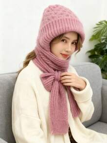 1 peça de gorro de malha texturizado de poliéster de cor sólida com protetor de pescoço e orelha, gorro quente 3 em 1, melhor presente para a mãe no inverno, acessórios de inverno, roupas de inverno