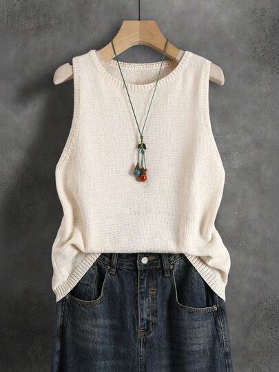 Solid Color Knitted Vest For Women, Retro Japanese/Korean Style, Layering Piece, Casual, Suitable For Summer, Vacation, Versatile, Early Autumn, Commuting, Minimalist, Vintage, Colorful Music Festival, School, Cropped Camisole