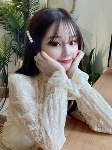 Lace Floral Design Elegant Hollow Out Long Sleeve High Neck Women Blouse (Inner Top Not Included) - Apricot - View 2