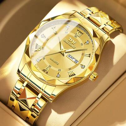 1件装男士奢华石英双日历不锈钢腕表，休闲防水夜光男士腕表，时尚商务场合男士腕表，男士礼物