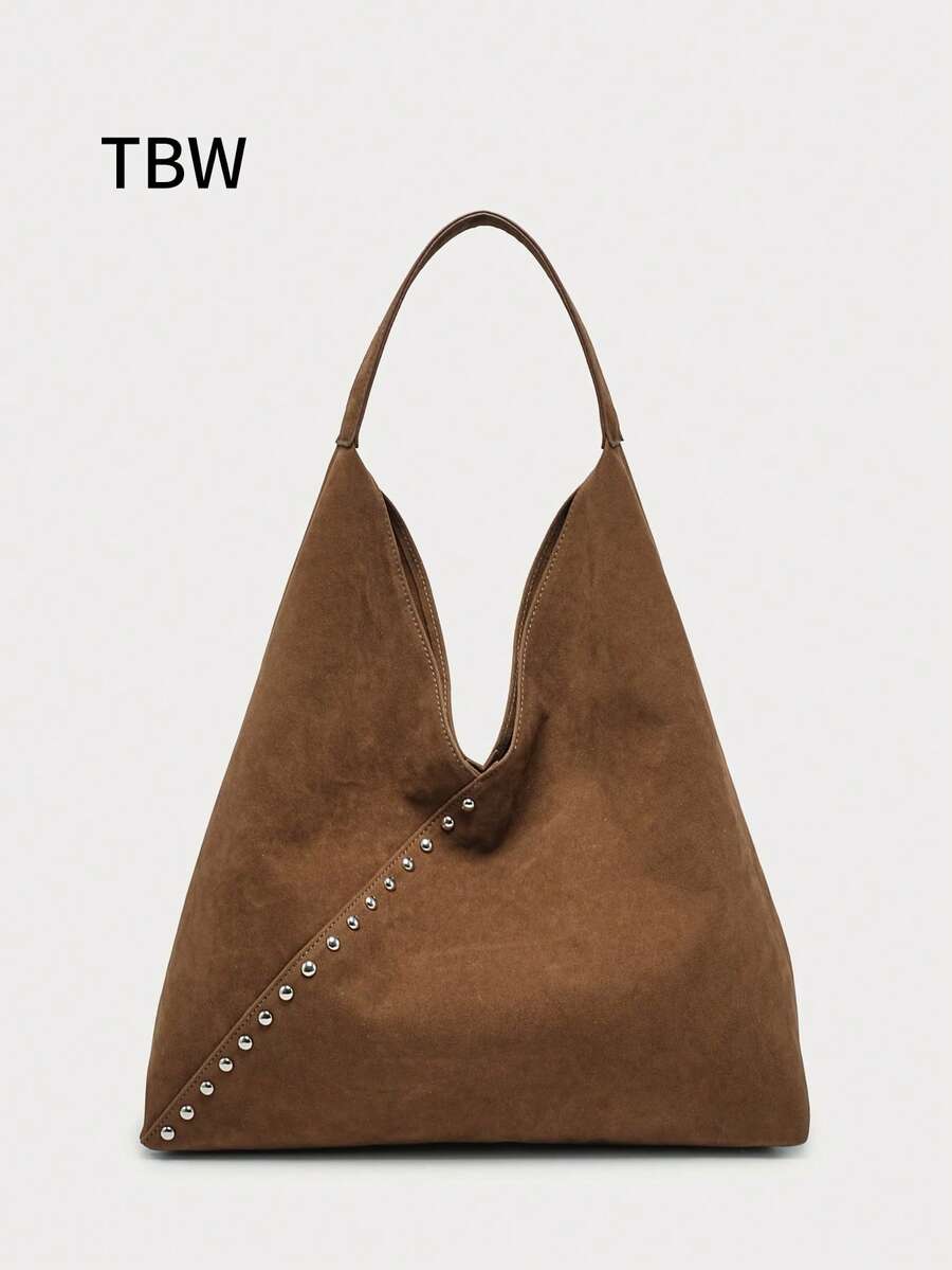 Women's Shoulder Bag/Handbag, Brown Suede, Large Capacity, Decorated With Rivets, Vintage Versatile Commuter Style, Suitable For Autumn/Winter Outings. - Brown - View 1