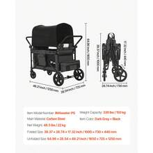 Wagon Stroller For 4 Kids, Push Pull Quad Collapsible Stroller With Adjustable Handle, Safety Harness & Removable Canopy, 4-Seater Stroller Wagon For Camping, Dark Gray & Black (330LBS Loading) - 深灰色和黑色 - 查看 7