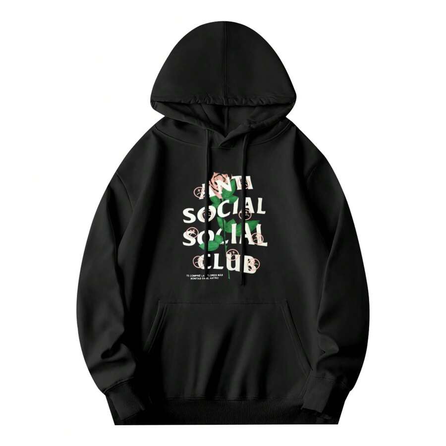 One Black Hoodie Camiseta De Algodón 100% Para Hombre Con Gráfico De Rosa Y Tema Estético Anti Social Club Streetwear - Style 23 - View 1