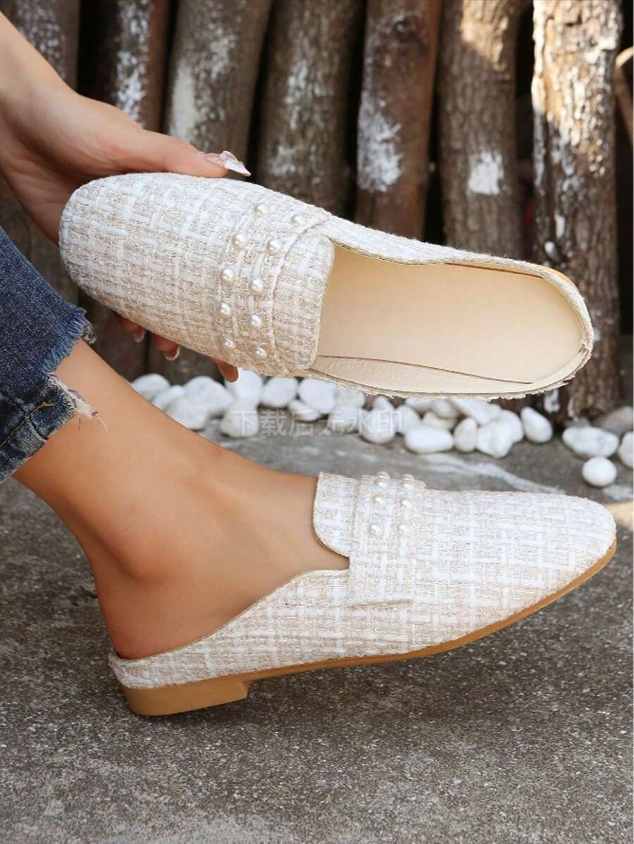 Giày bệt họa tiết kẻ caro đính ngọc trai giả thời trang thu đông cho nữ, giày bệt vải thời trang cho hoạt động ngoài trời - Màu be - Xem 1