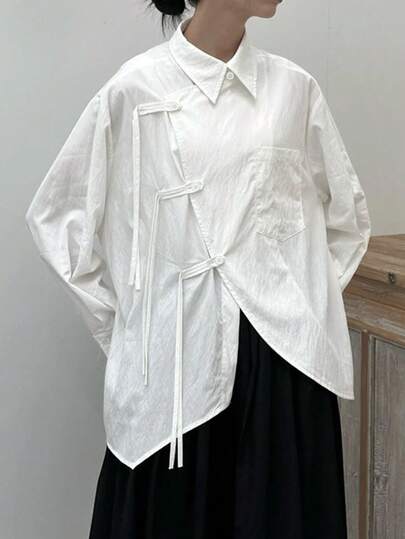 Women's Elegant Casual Loose Asymmetrical Long Sleeve Shirt, Solid Color Woven Fabric, Button Closure, Suitable For Office, Daily Wear, Airport, Spring/Summer White