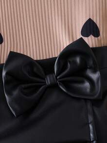 2pcs Girls Ribbed Heart Pattern Long Sleeve Top + Bow Decoskortts Set, Spring/Autumn - Apricot - View 5