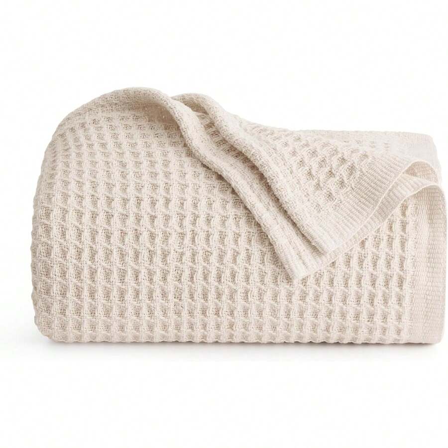 Queen Size 100% Cotton Waffle Weave Blanket For Bed - All Seasons, Cozy And Soft, Lightweight Fall Blanket, White, 90x90 Inches - 00 - Khaki (Một chút vàng) - Xem 1