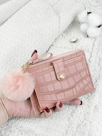 SOUTHLAND&KANGAROO With A Pom-Pom Charm,Crocodile Embossed Flap Stone Embossed Buckle Fashion Card Holder Slim Lightweight Portable Cash Money ID Card Credit Card Coin Pocket For Birthday Gift Gift Anniversary Christmas On Valentine Day Lover Female Lady Girls Women Teenagers For College Student School Student,Bag School Supplies For School Dorm Room & Back To School