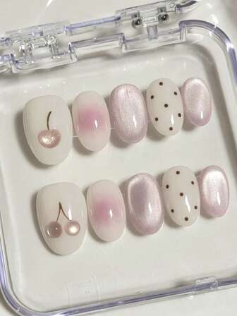 10 piezas de uñas postizas de estilo minimalista con diseño de corazón, olas y puntos en degradado rosa, adecuadas para uso diario de niñas