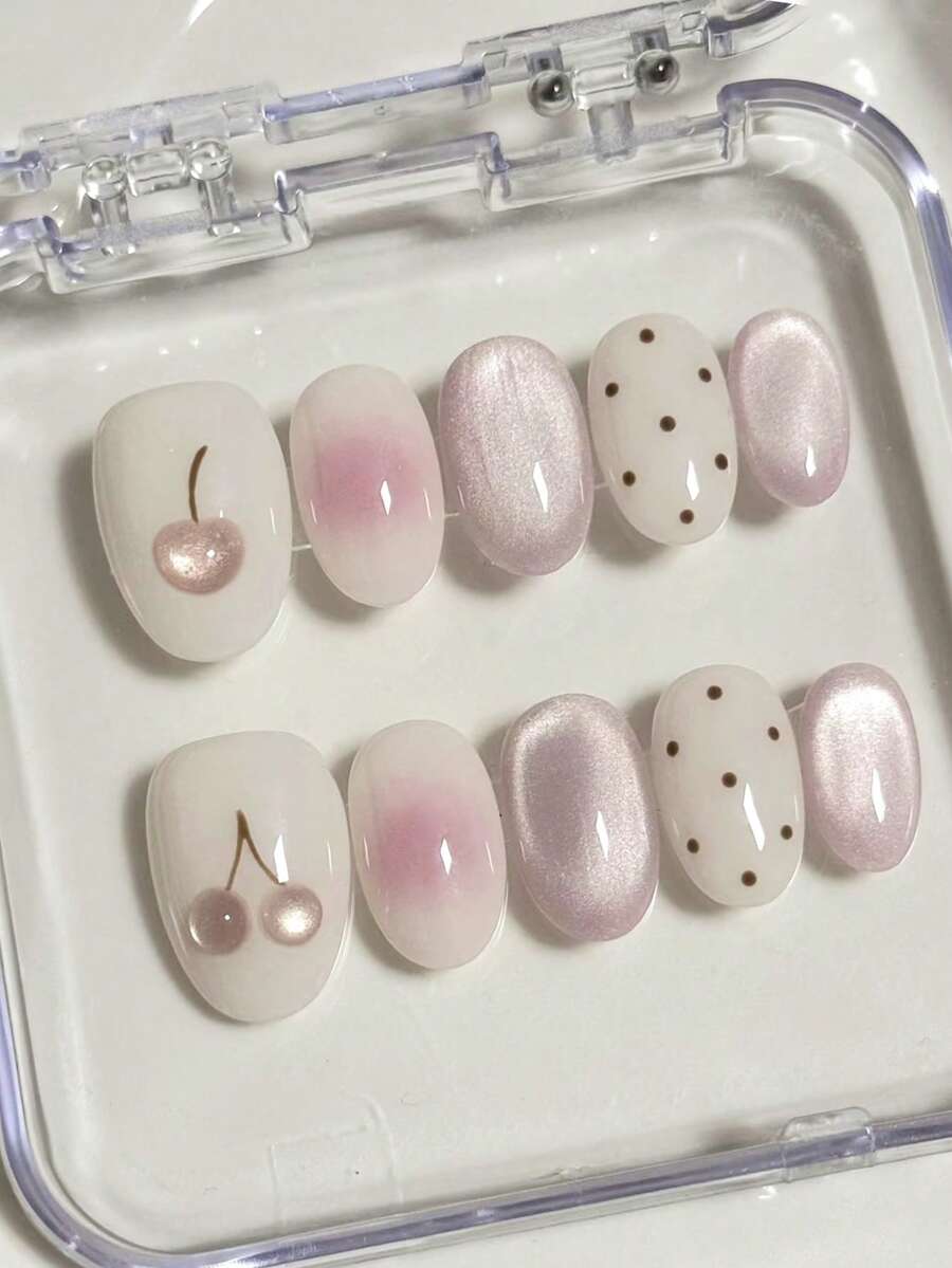 10pcs Pink Cherry Cute Nail Short Oval Gradient Pink Girl Heart Wave Point Nail Art Minimalist Style Handmade Wearing Nail Suitable For Girls' Daily Wear Use Pressing Nail Fake Flakes Nails Nail Supplies - Pink - View 1