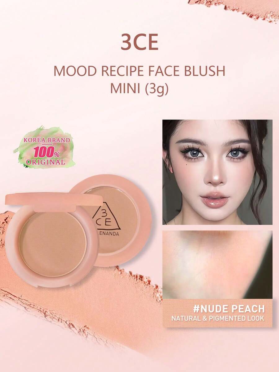 3CE Brand New Mood Recipe Mini Blush In Nude Peach, Mousse-Like Smooth Texture, Gradient Blending, Brightens Complexion, Oil Control, Easy To Blend, Highlights Eye Area, Creates Sculpted Facial Features, Korean Makeup | 3g/0.1oz