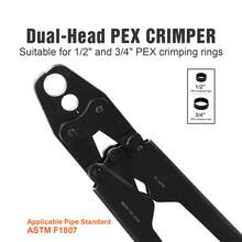 Herramienta de crimpado  PEX, herramienta de crimpado PEX combinada de cabezal doble para anillos de crimpado de cobre PEX de 1/2" y 3/4", herramienta de crimpado de plomería compacta con calibre Go/No-Go, mandíbula bien pulida, cumple con las normas ASTM F1807 - 1/2" y 3/4" - Ver 2