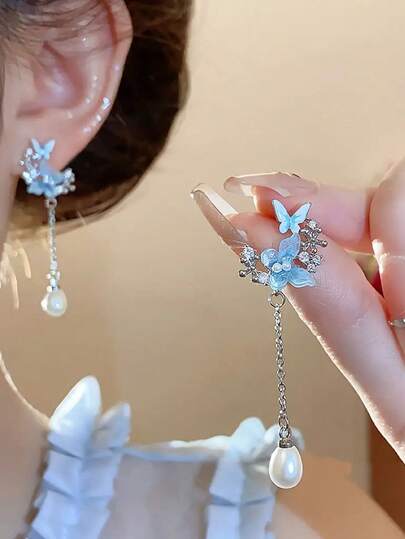 2 piezas Pendientes con colgante de mariposa verde y borla de perlas, perfectos para atuendos de primavera y verano