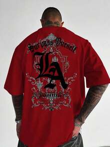 Camiseta de Hombre Manfinity  con Estampado de Letras, Manga Corta, Casual y Holgada, Versátil para el Verano, Estilo de los Años 2000 - Rojo - Ver 1