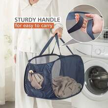 Sturdy Mesh Laundry Hamper Basket Bag, Up Basket With Side Pocket For Laundry Room, Bathroom,  Room, College Dorm Or Travel ( Horizontal, Navy Blue){Inchsize_nameinch:InchHorizontalinch,Inchcolor_nameinch:InchNavyBlueinch} - Màu xanh nước biển - Xem 4