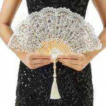 NEW-Lace Hand Fan Non-Foldable Vintage Bridal Handheld Fans With Rhinestone And Embroidered For Wedding Decoration Dancing Party (Gold) - E-白色 - 查看 1