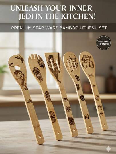  5pcs Star Wars Themed Kitchen Utensil Set - Heat-Resistant Bamboo-Like Artificial Wood Spoons , R2-D2 & Designs - Non-Stick Cookware , Ideal Gift For Fans (Christmas, Thanksgiving, Halloween), Cooking Utensil, Food Prep Tools, Novelty Kitchenware, Character Utensils, Wooden Spoon, Wooden Spoon Collection, Holiday Shoppers