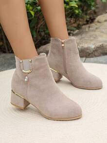 Women's 2025 Autumn/Winter New Versatile Boots, Chunky Heel Mid-Heel Short Boots, Suede Boots, Ankle Boots, Fashion Versatile Rhinestone Buckle Plus Size Boots - Apricot - View 7