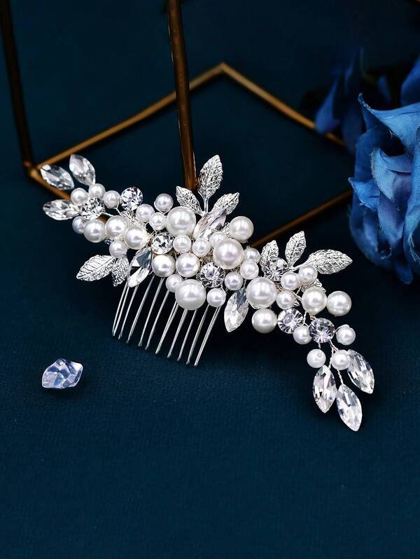 1pc Elegant & Delicate White Faux Pearl Bride Hair Comb Headpiece, Alloy Leaf Wedding Hair Accessory, Suitable For Wedding, Party, Christmas Gift