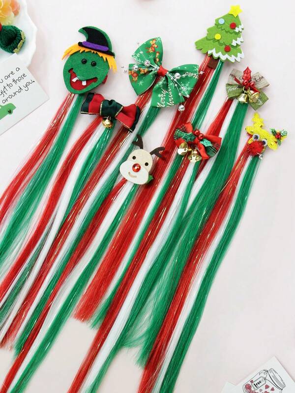 Clips y diademas navideños lindos y dulces, con varios elementos navideños (reno/árbol de Navidad/lazo/campana/muñeco de nieve) Extensiones de cabello coloridas, detalles festivos, accesorios para fiestas