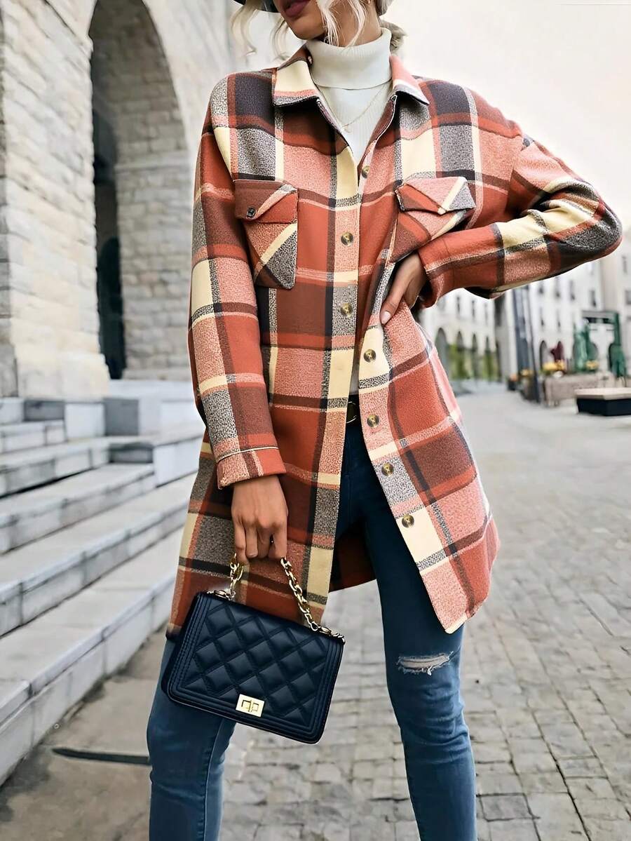 Chaqueta Holgada A Cuadros Para Mujer, Abrigo Camisa Larga De Manga Larga Con Botones Delantetos - Naranja - Ver 1