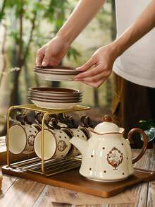 原创赫拉陶瓷兔子茶壶套装，居家客厅下午茶厨具套装，女士下午茶杯碟套装配木托盘，适合招待客人/派对/家庭聚餐，家居装饰返校