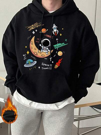 Simple Studio | เสื้อฮู้ดแขนยาวมีเชือกรูดลำลองอเนกประสงค์พิมพ์ลายองค์ประกอบนักบินอวกาศสำหรับผู้ชายพร้อมกระเป๋า