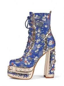 Blue Embroidered Fabric Thick High-Heeled Short Boots, Daily Party Boots - 藍色 - 查看 7